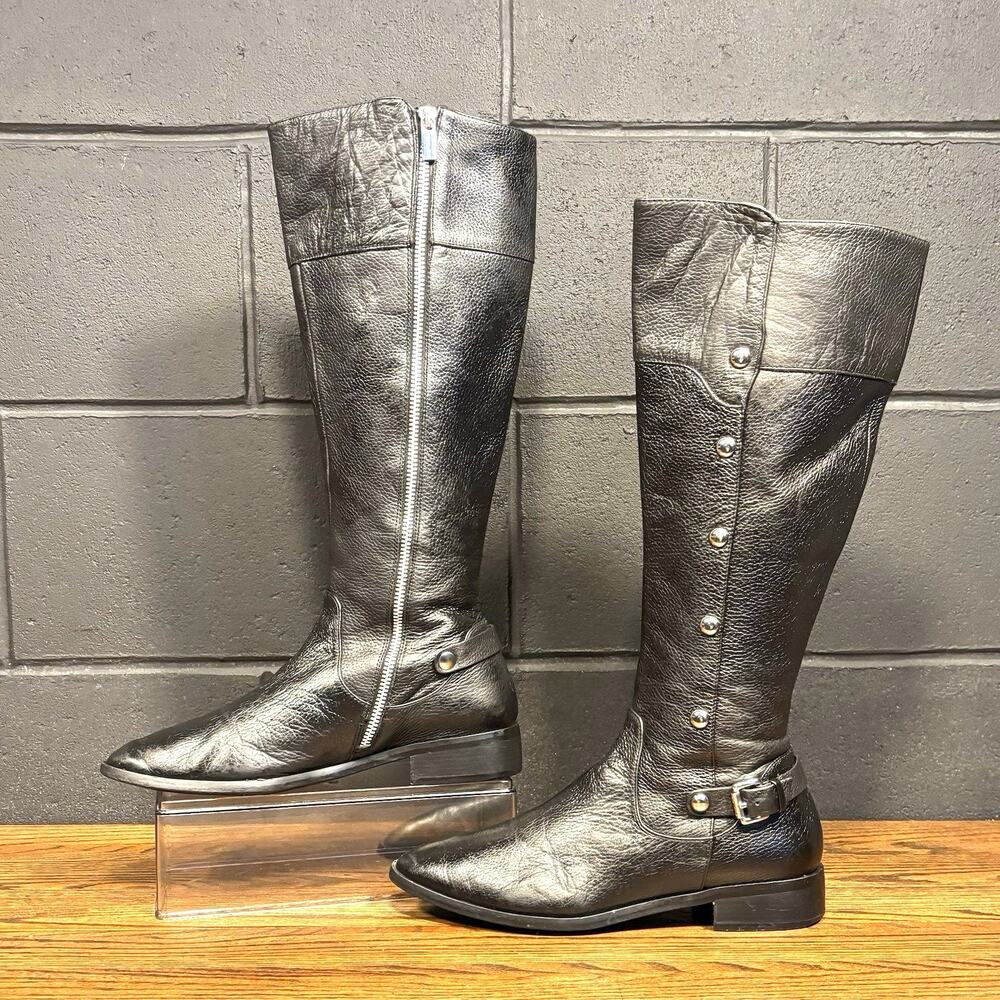 Michael Kors Black Leather Knee High Riding Boots Women’s 9 Studded Buckle Zip